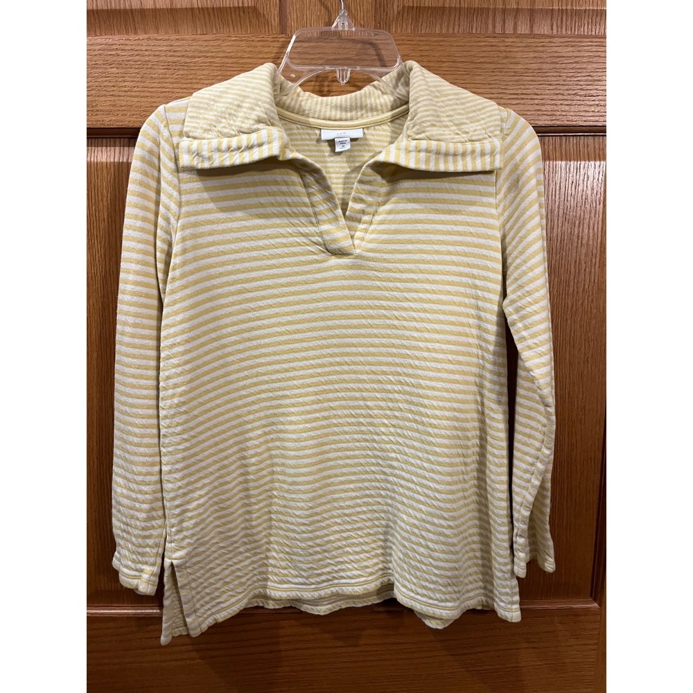 Butter Yellow Coastal Grandmother Nautical Stripes Split Neck LongSleeve XSPetit